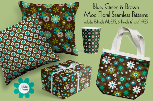 Blue Green Brown Mod Seamless Florals