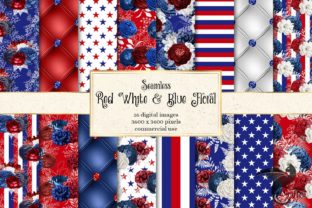 Red White and Blue Floral Digital Paper